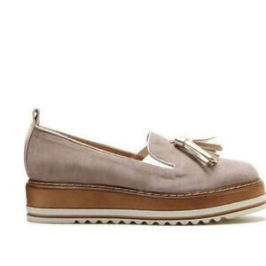 Michele Lopriore "The Cassidy" Tan Suede Platform Tassel Loafer, Size 37, US 7